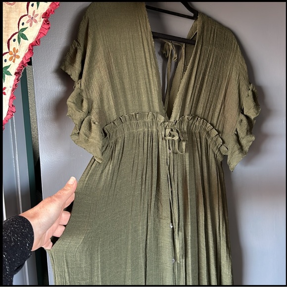 XL Bohemian long Olive gauze semi sheer maxi dress w pockets and ruffle sleeves - Picture 8 of 16